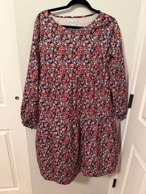 Long Sleeve Floral Tiered Dress in Coral & Navy